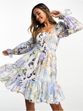 & Other Stories Smocked Mini Dress in Blue Dusty Floral Print Size 10